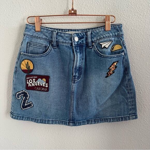 PacSun Denim Patchwork Mini Skirt Los Angeles Taco Cactus 25 - Picture 1 of 4